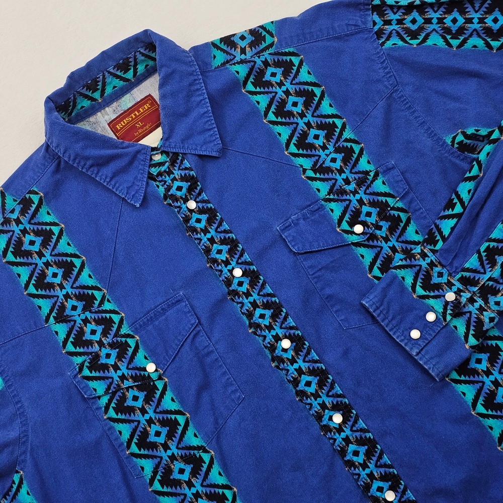 Rustler Western Shirt Mens XL Blue Aztec Pearl Snap Southwest Vintage Cowboy